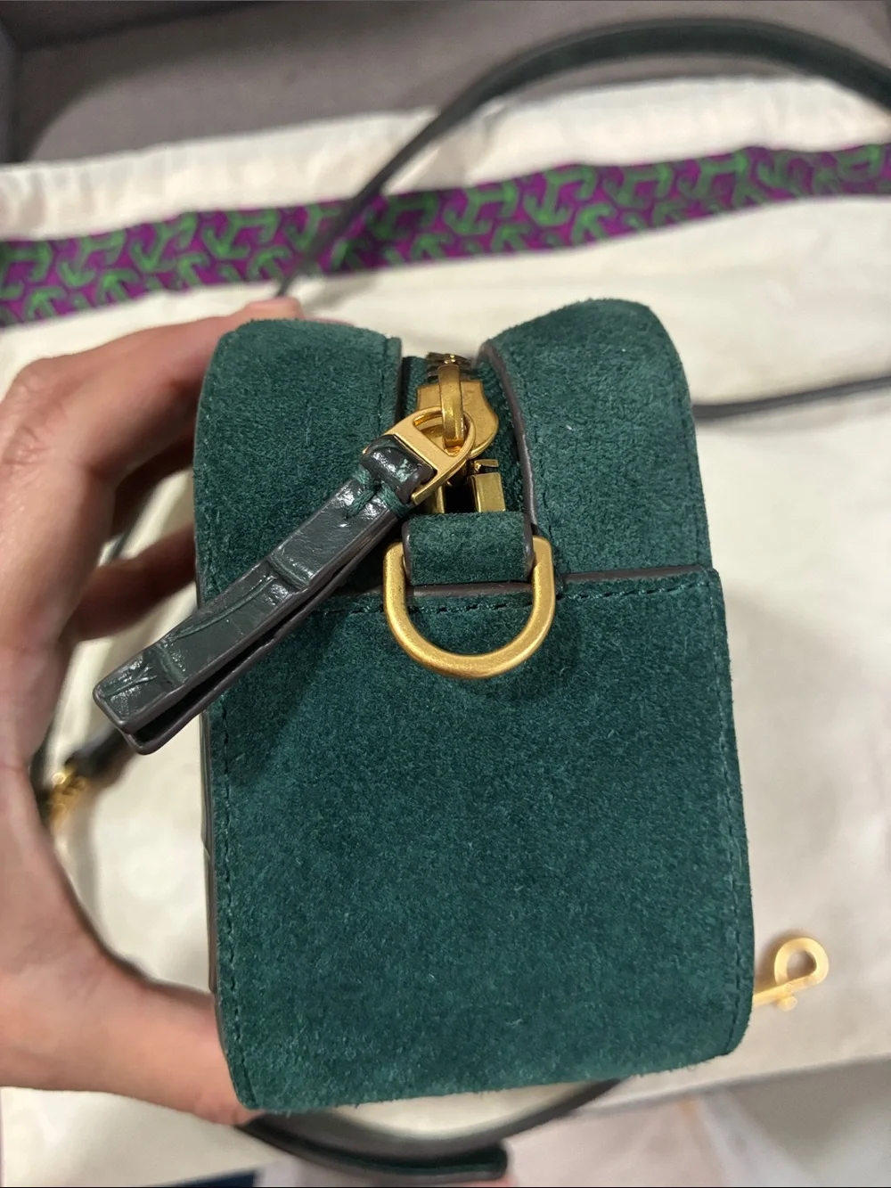 Tory Burch Forest Green Croc-Embossed Camera Bag with Gold Logo
